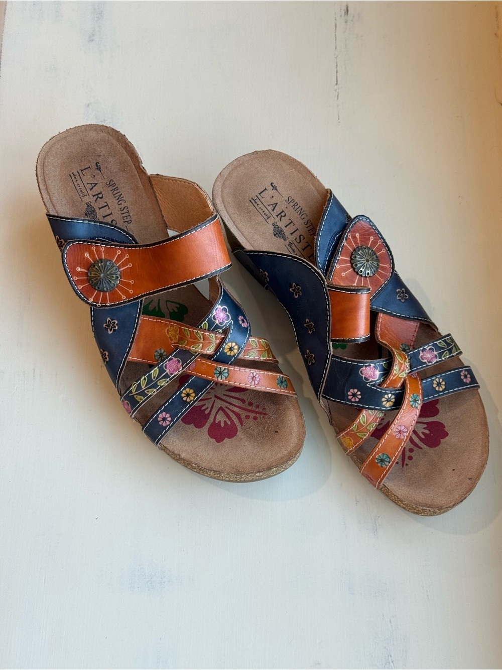 L'ARTISTE Orange & Navy Floral Leather Slip-On Clogs